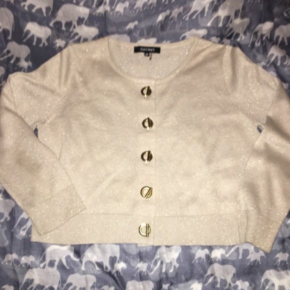 Ellen Tracy Taupe Gold Flecks Toggle Button Sweater Cardigan Sz M $261 - Picture 1 of 3